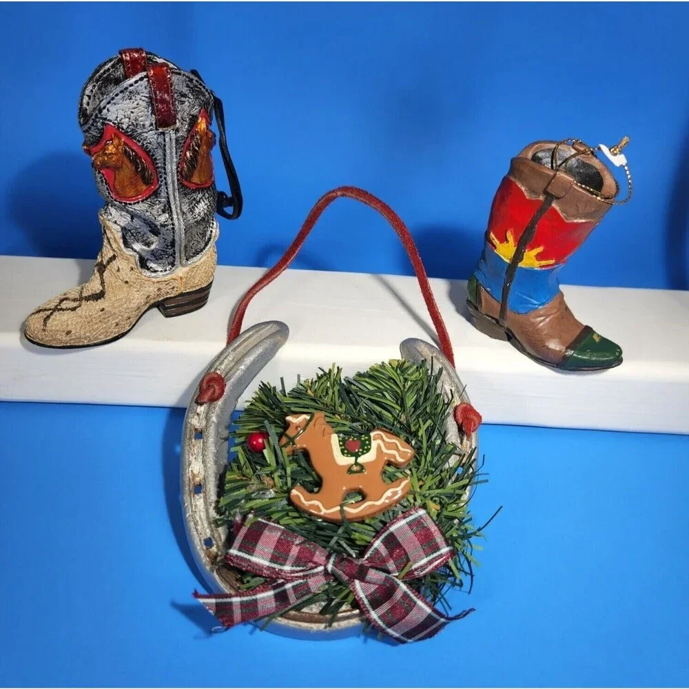 Christmas Country Western Ornaments Lot X 3 Boots Horseshoe Hanging